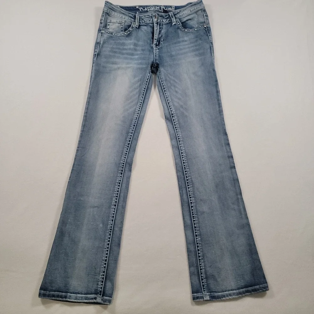 Platinum Plush Women Jeans‎ Size 9 Bootcut Blue Denim Studded Pockets